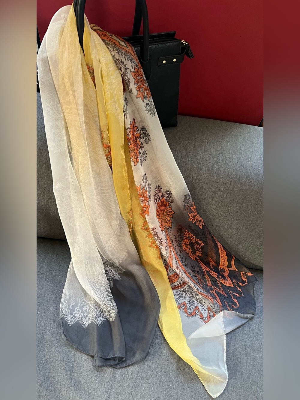 Daiz Paisley Floral Chiffon Lightweight Wrap Scarf 32x66 Yellow Grey Cream